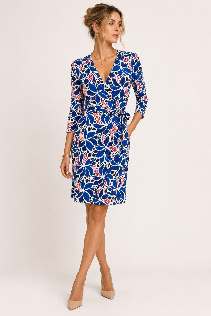 Diane von Furstenberg DVF Blue Abstract Floral Jersey Classic Wrap Dress Size 12